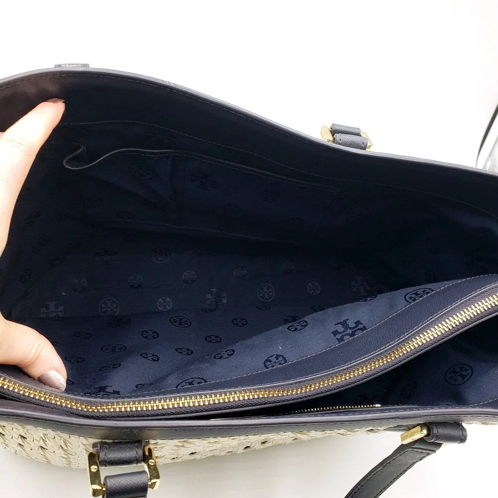 Tory Burch Robinson Basket Weave Tote Bag Woven Leather Cream Navy Blue Purse